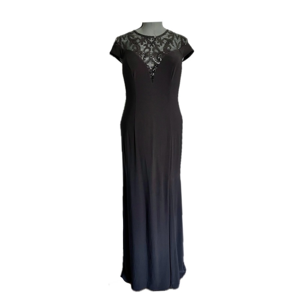 Adrianna Papell Black Dress jersey cap sleeve slit sequins lace plunging mermaid